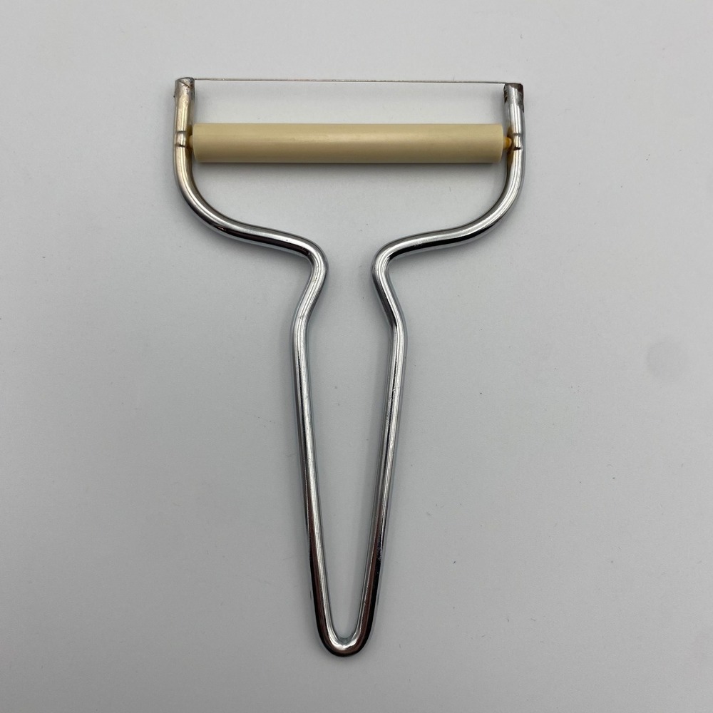 Vintage Wire Cheese Slicer with Roller Chrome Metal Handheld Kitchen Tool Silver